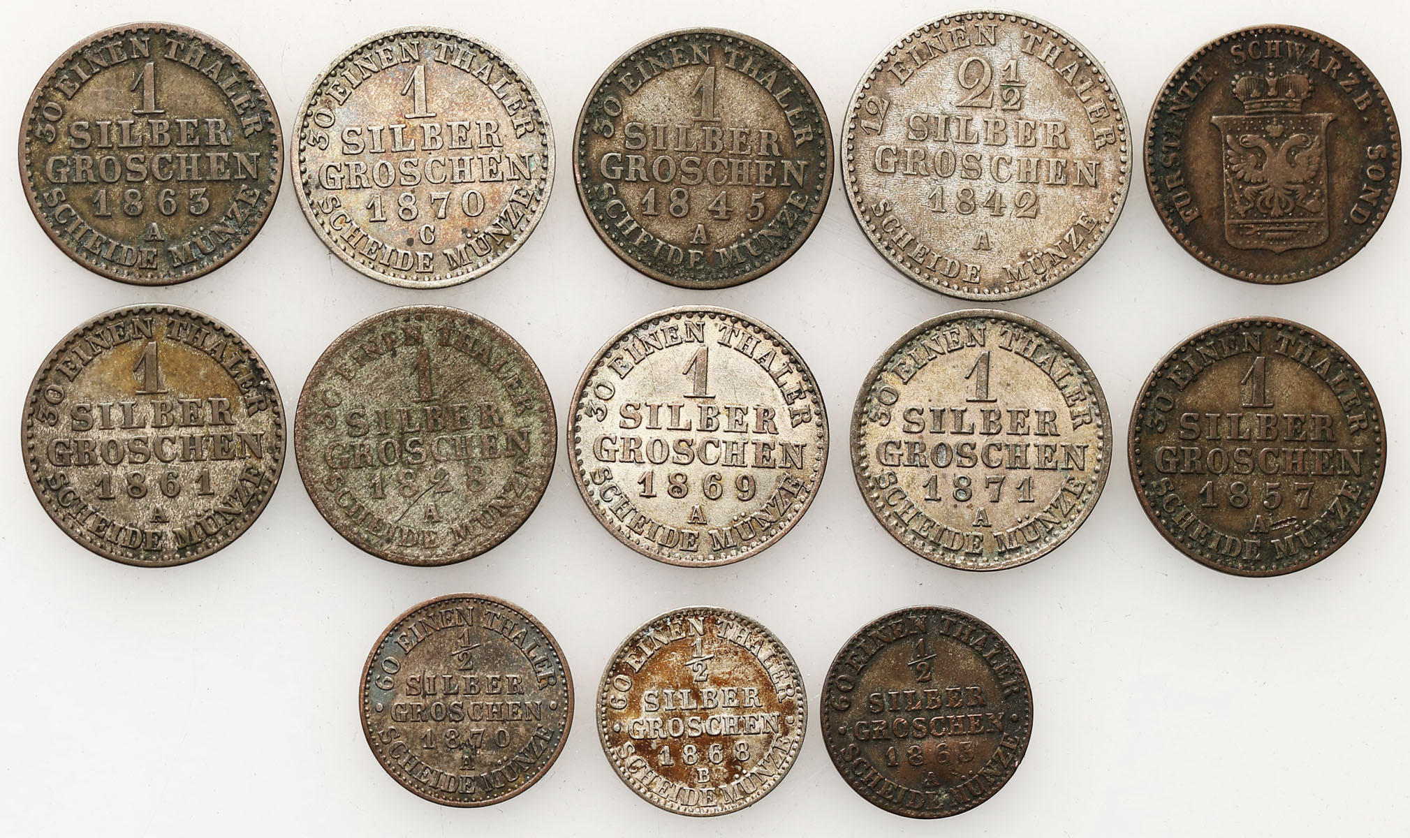 Niemcy, Prusy. 1/2, 1, 2 1/2 silbergroschen 1828-1871, zestaw 13 monet